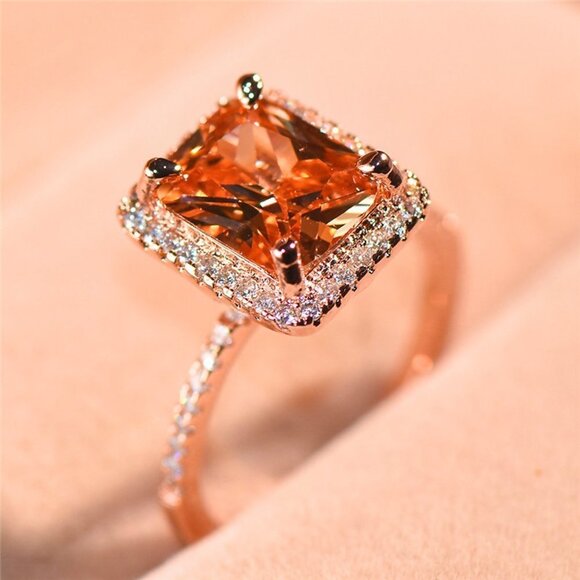 💞 Luxury Gemstone Rectangle Champagne Rose Gold Ring for Women, VIP151 - Picture 1 of 7